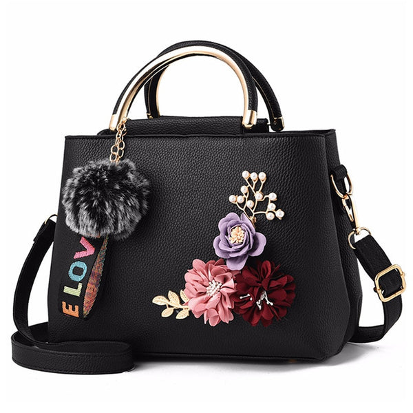 Women Bag Leather Handbag Women Shoulder Bag Tote Flowers Shell Sac A Main Femme Rivets Fur Ball Pendant Luxury Designer Ladies